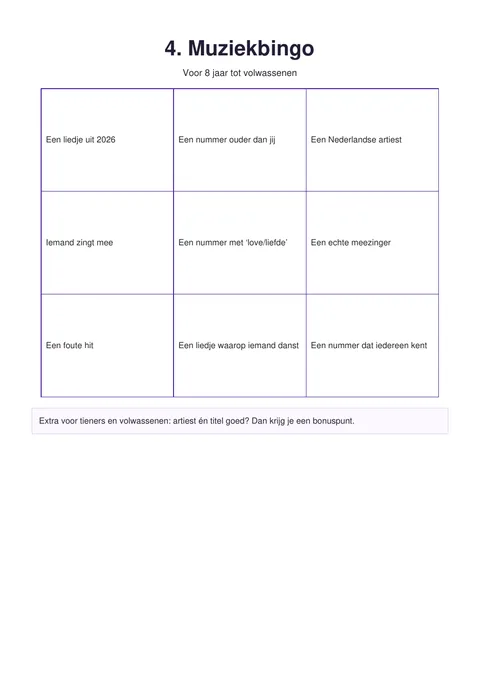 Preview van Muziekbingo printable voor Oud en Nieuw